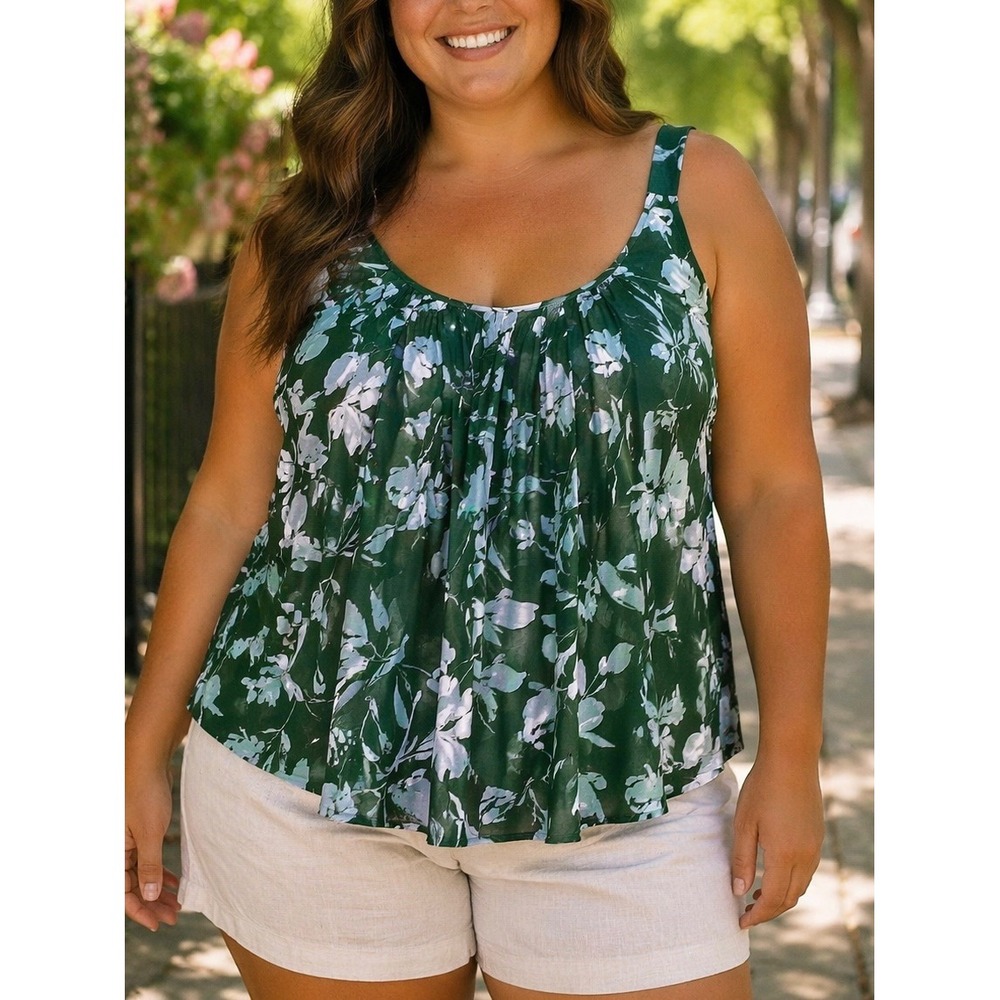 Lane Bryant Camisole Green Plus 28 Floral Adjustable Strap Tank Casual Tropical
